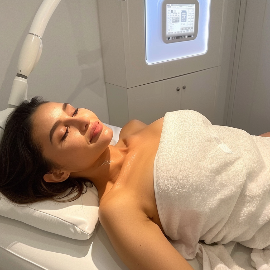 A woman relaxing during a body cavitation treatment.