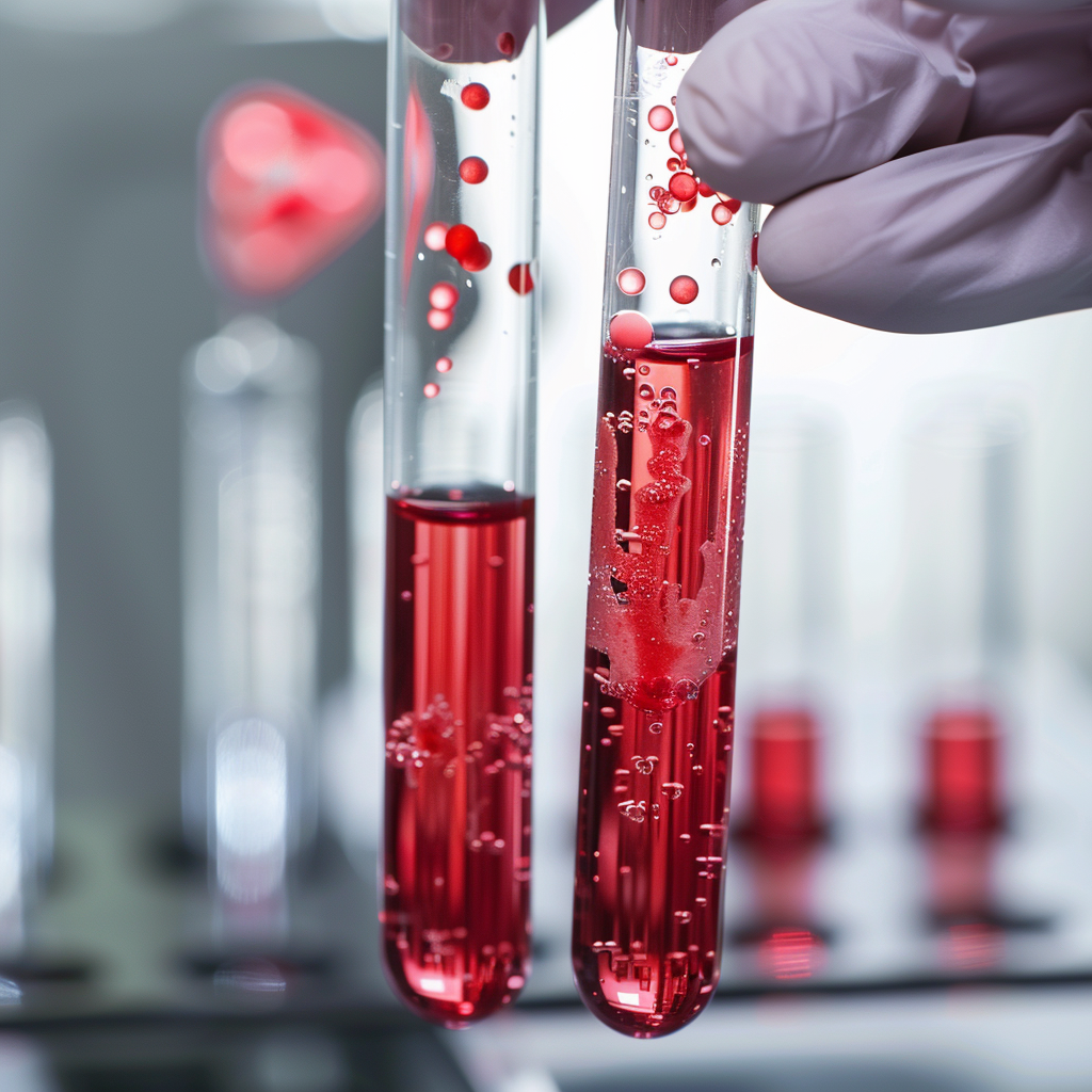 Gloved hand holding a test tube with platelet-rich plasma (PRP) against a laboratory backdrop. PRP therapy