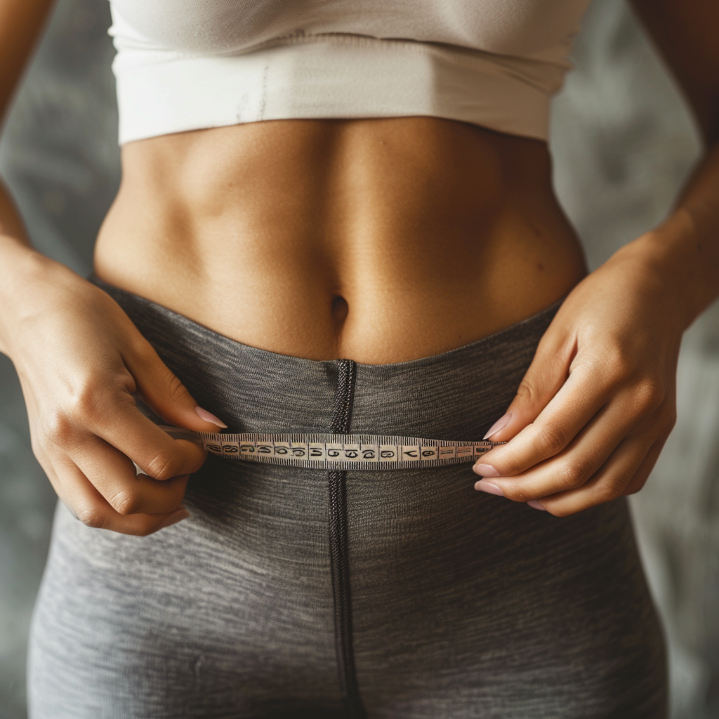 Semaglutide Injections. A person measuring their waistline with a tape measure, indicating weight management progress. semaglutide weight loss
