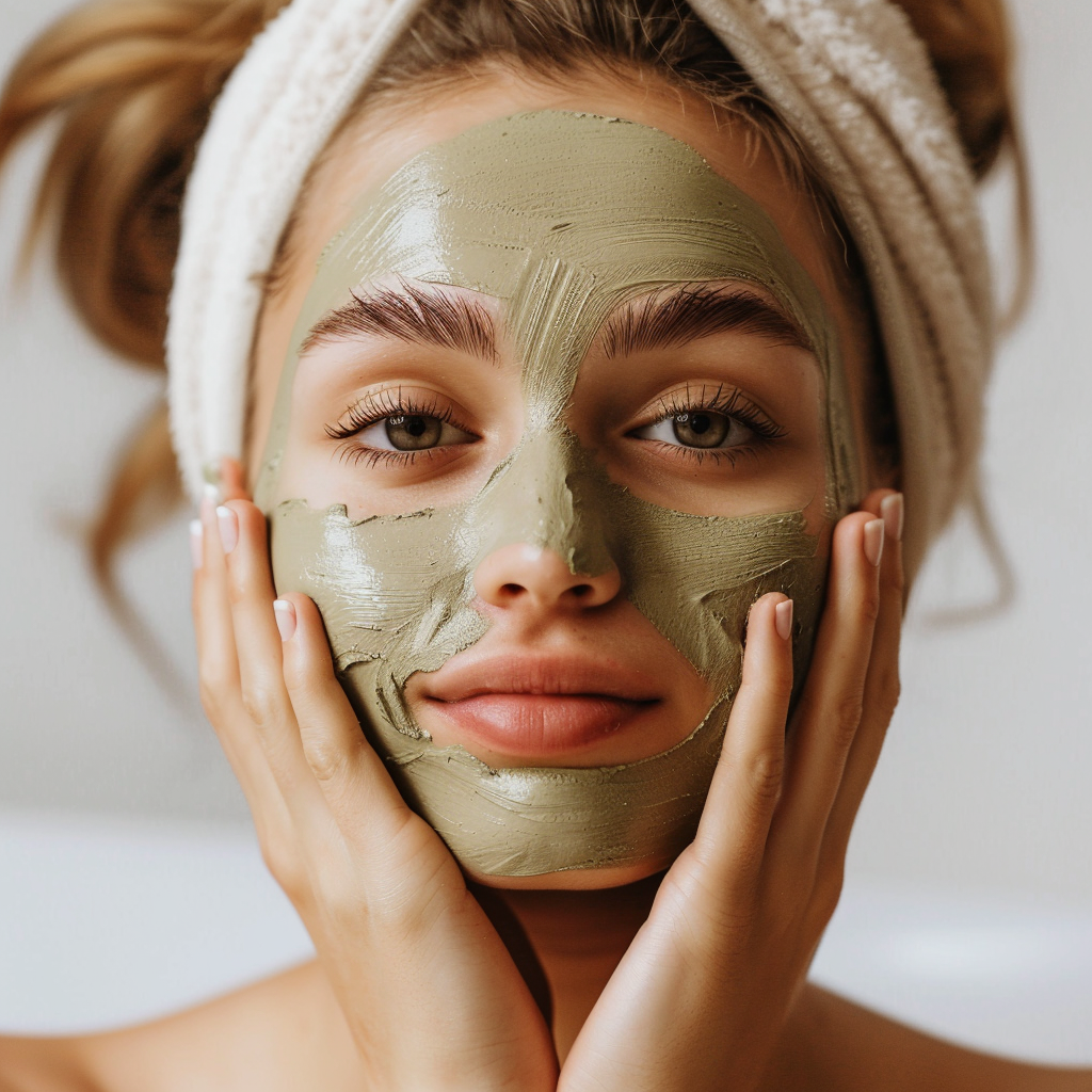 A person with a green clay mask on their face, gently touching their skin with a relaxed expression at Healing Skin Medical Aesthetics