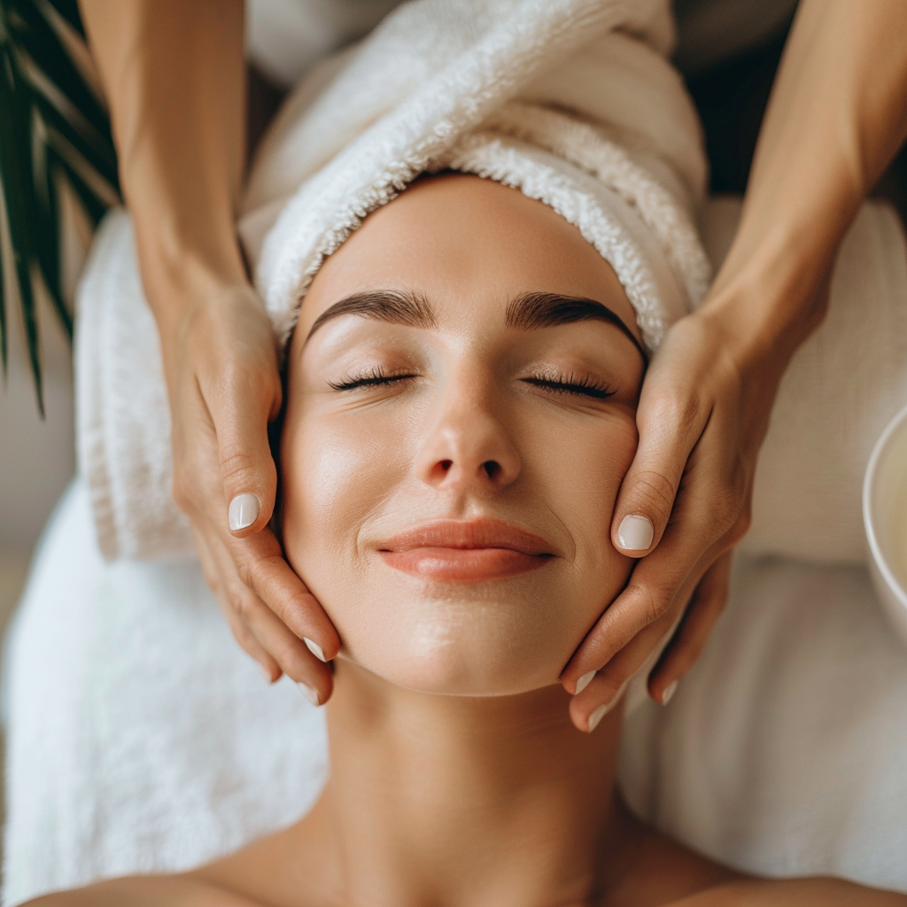 A content woman enjoying a relaxing facial treatment with a serene expression and a towel wrapped around her head.