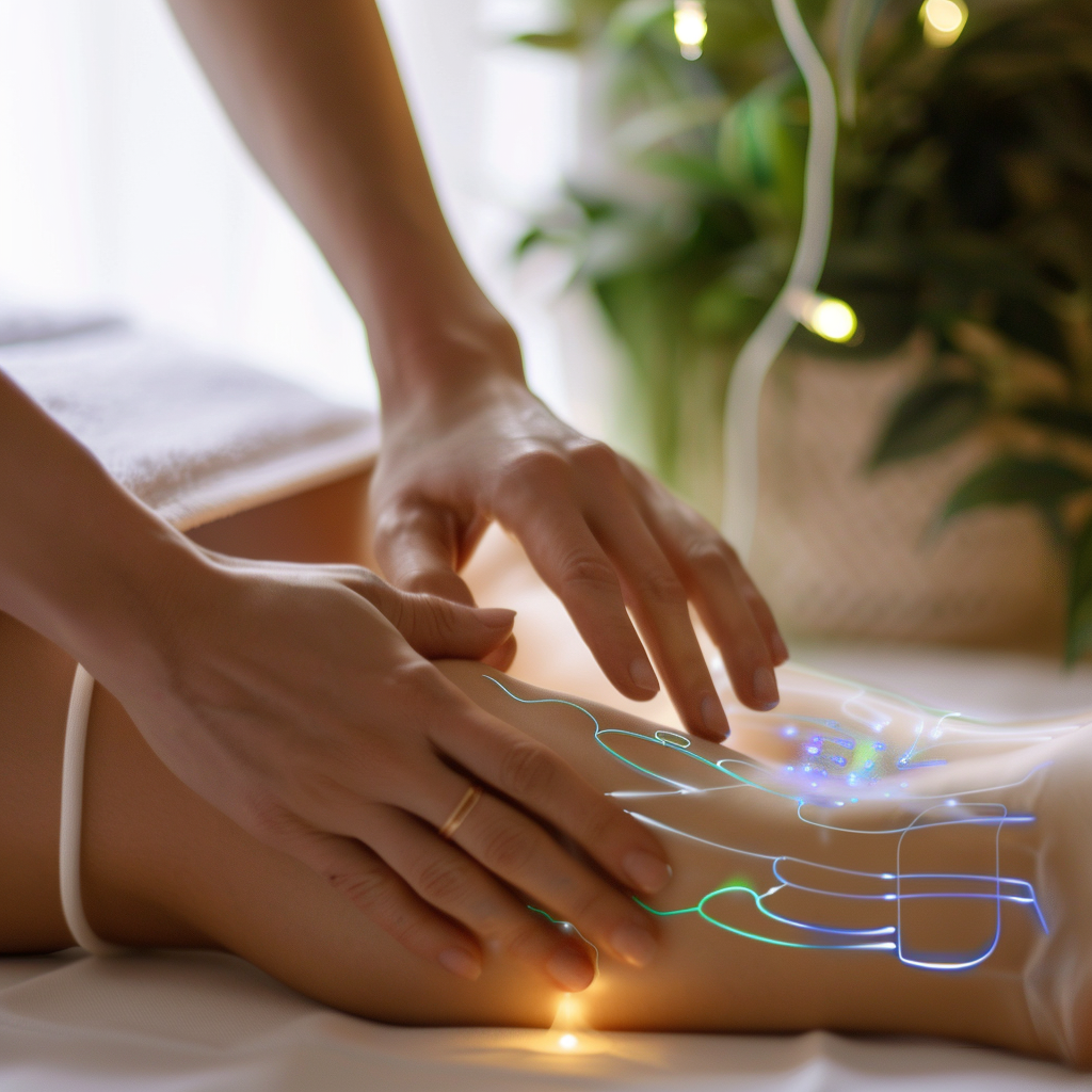 Close-up of a manual massage on a client's back with visual overlays indicating lymph pathways. manual lymphatic drainage