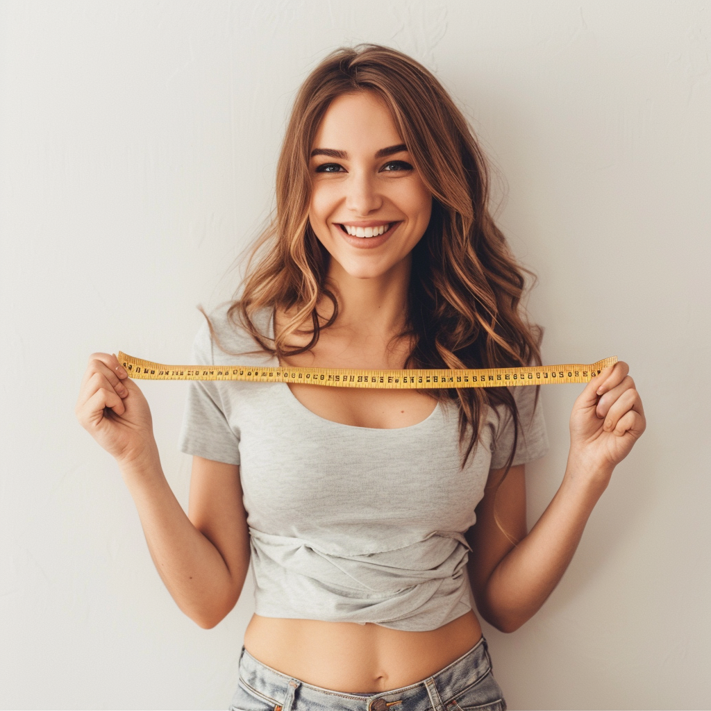 Semaglutide. A happy young woman measuring her waistline with a tape measure, representing successful weight loss. semaglutide how it works