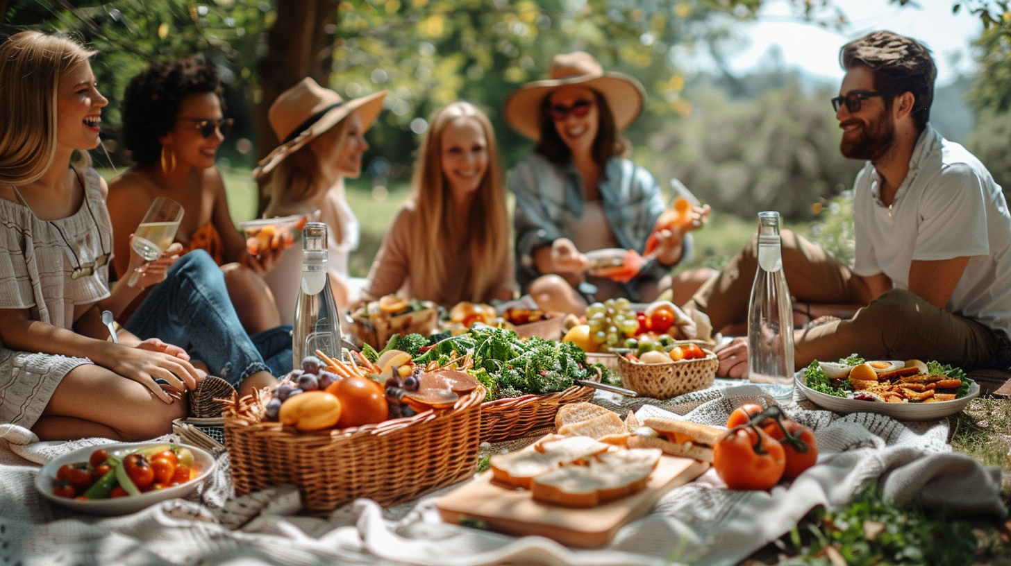 Semaglutide for Weight Loss Clients enjoying a balanced and healthy picnic. A group of friends sitting on a picnic blanket in a lush, green park, surrounded by an array of healthy foods like fresh fruits, salads, whole grain sandwiches, and water bottles. The scene is bright and sunny, with everyone smiling and enjoying their time together. semaglutide candidate