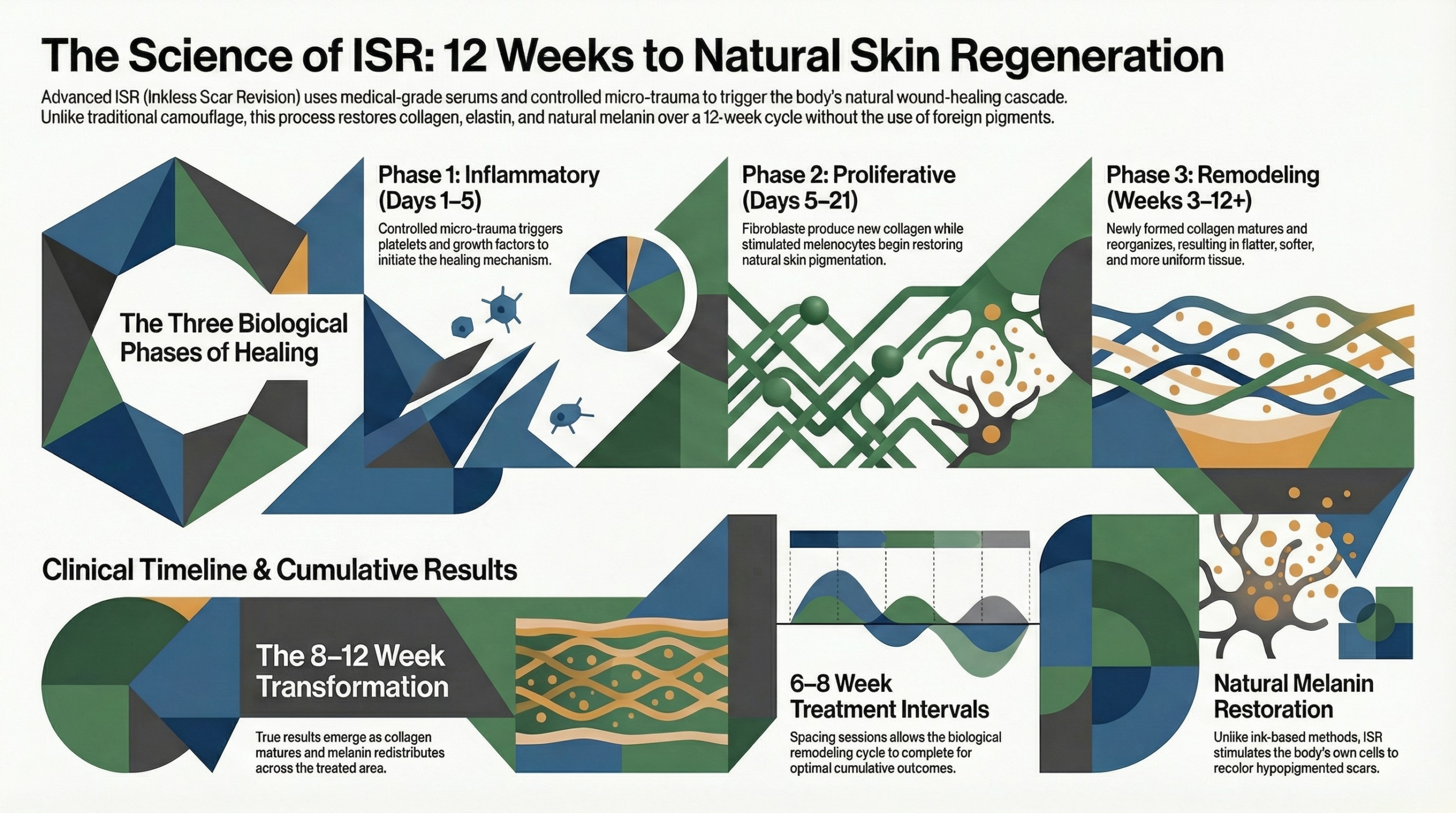 Advanced ISR inkless scar revision healing process showing collagen stimulation and melanin regeneration phases over 12 weeks