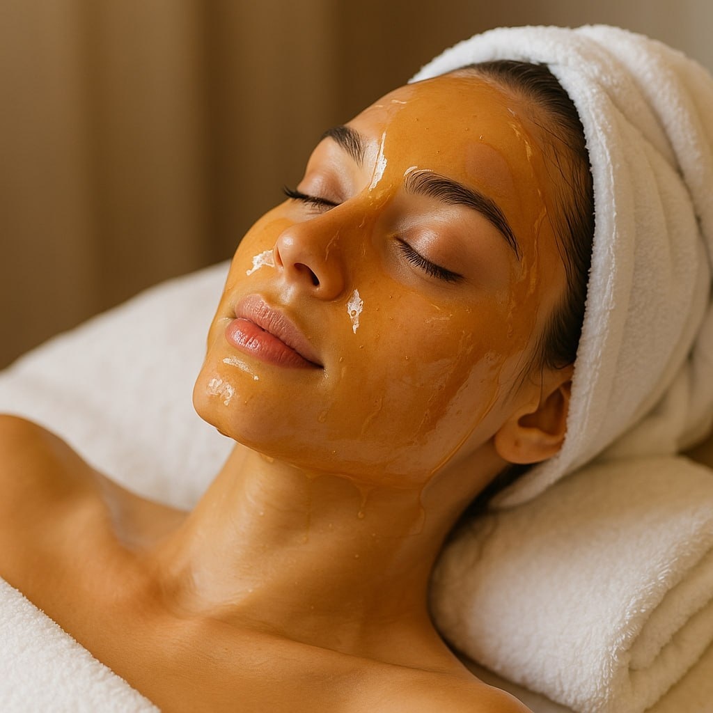 Glycolic acid peel mask applied to a patient's face during a facial