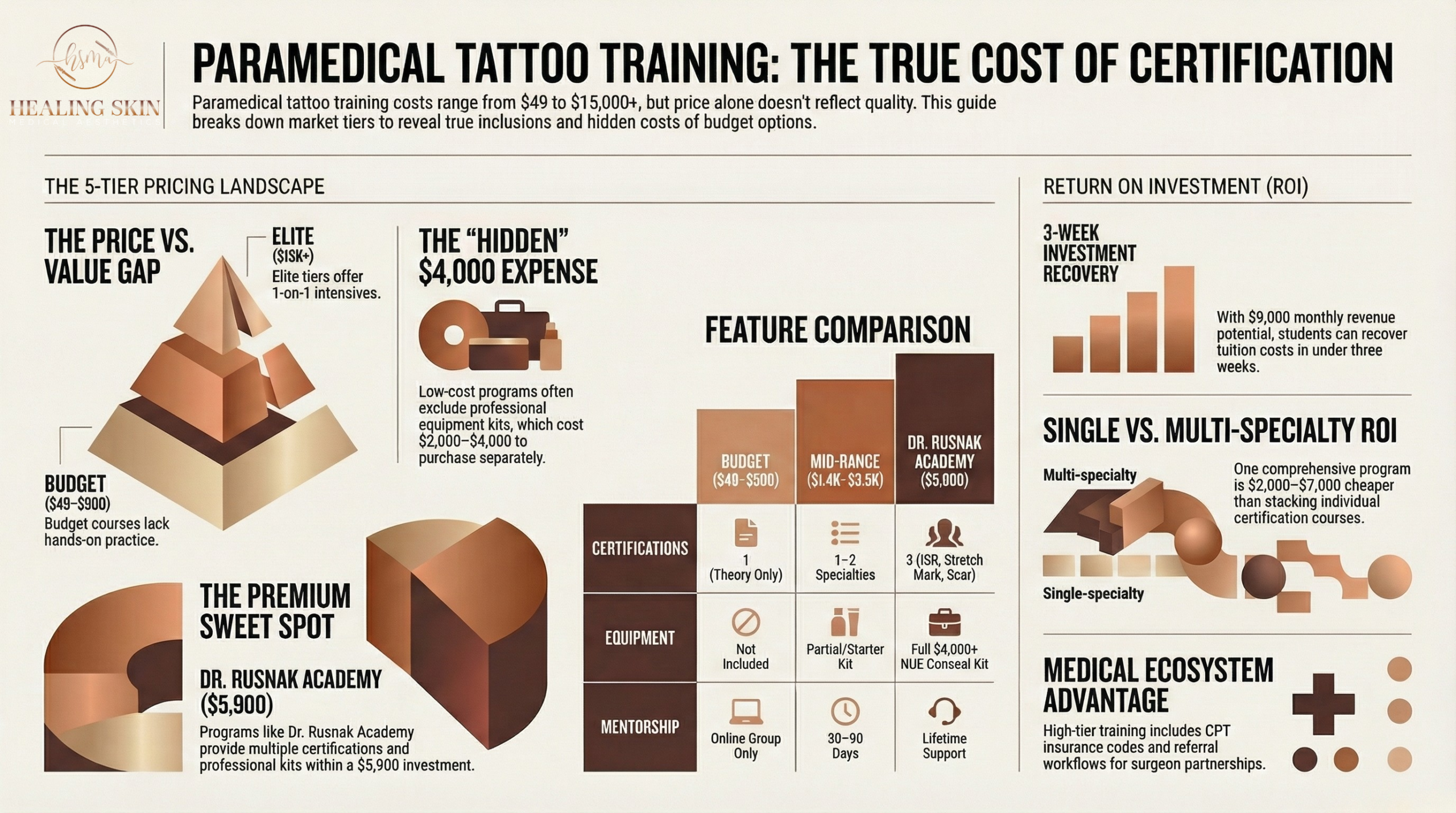 Paramedical tattoo training cost comparison showing what certification programs include at different price points from budget to elite