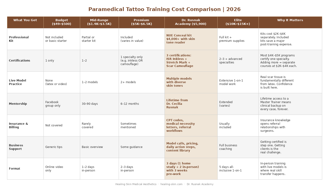 Paramedical tattoo training cost comparison chart showing what is included at budget mid-range premium and elite price tiers versus Dr. Rusnak Academy 2026