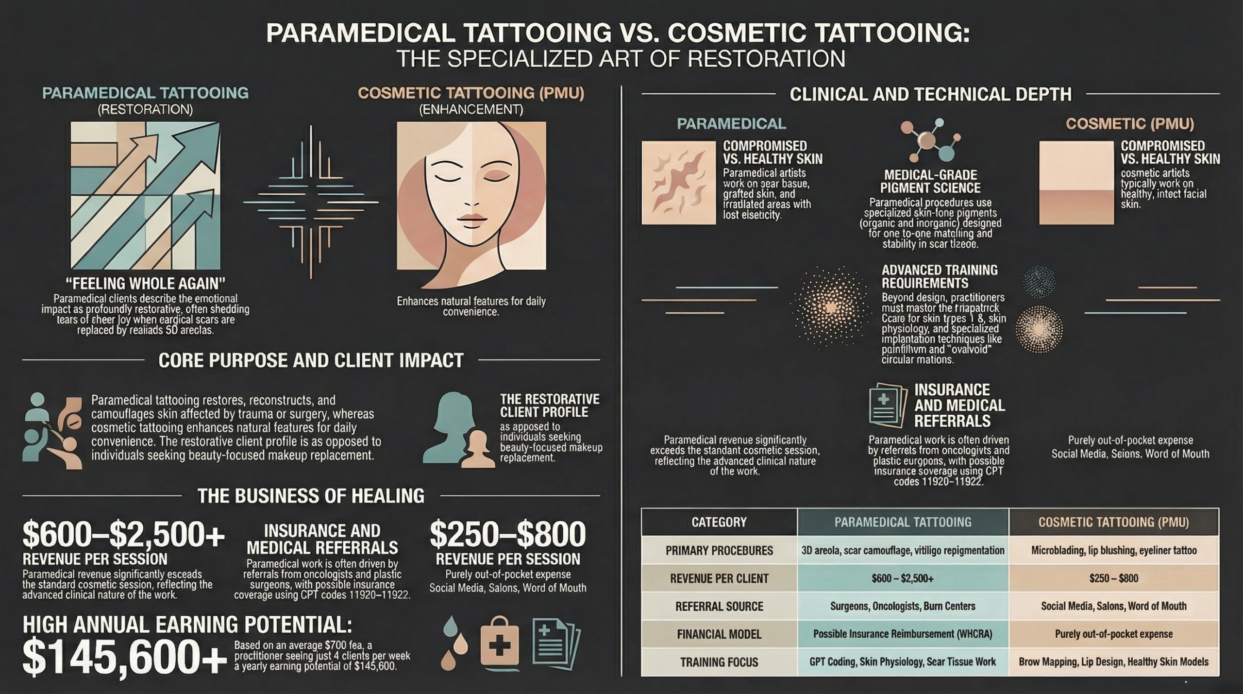 Comparison chart showing differences between paramedical tattooing and cosmetic tattooing across purpose, income, training, and client profile