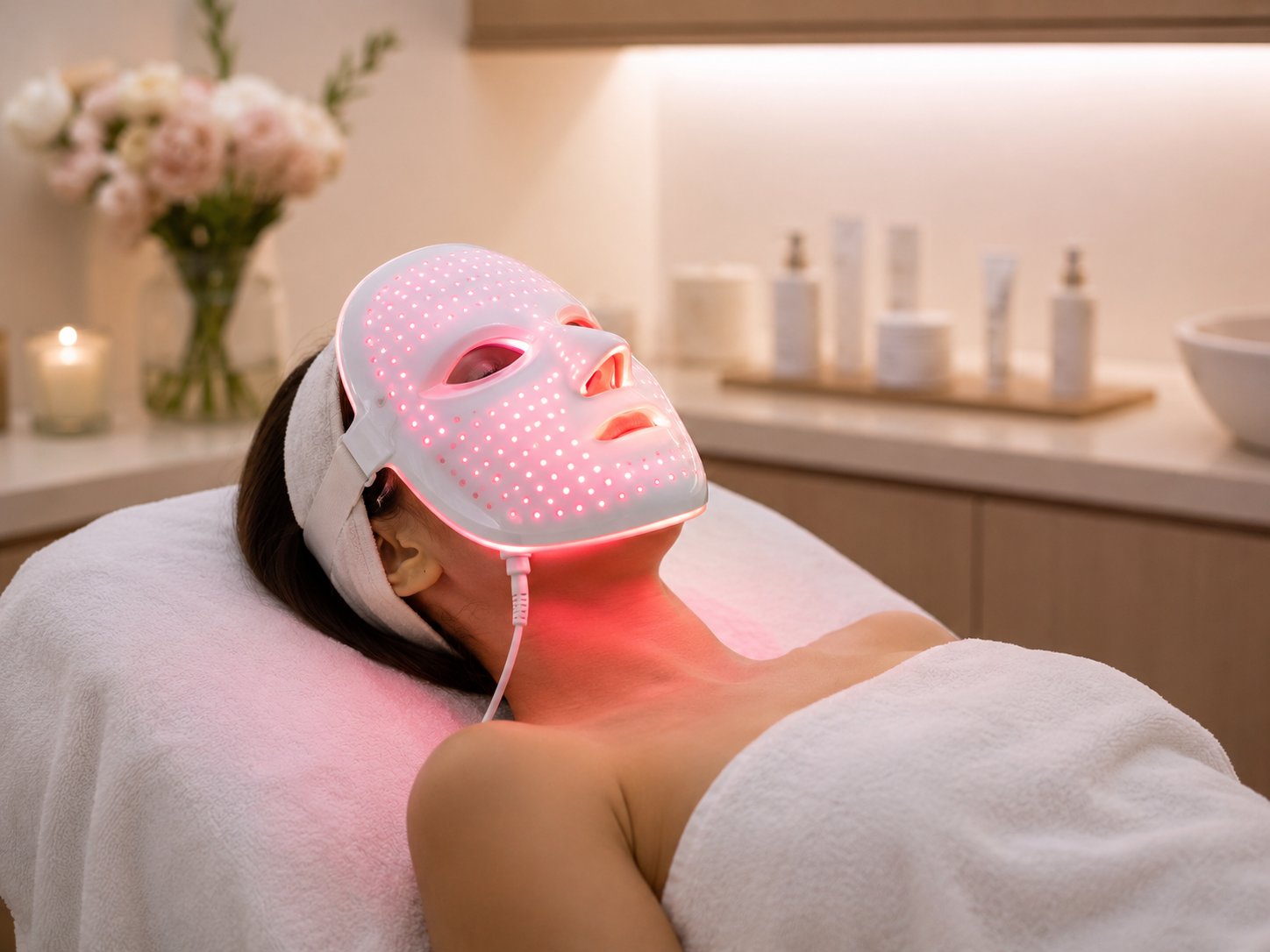 LED light therapy mask treatment session at Healing Skin